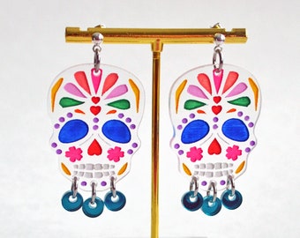 Sugar Skull Earrings, Clear Acrylic Earrings, Day of the Dead Earrings, Rainbow Statement Earrings, Mexican Earrings, Laser Cut Earrings