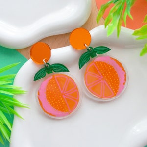 Orange Earrings, Colorful Fruit Earrings, Orange Slice Resin Earrings, Laser Cut Acrylic Earrings