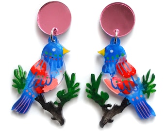 Colorful Bird Earrings, Bluebird Earrings, Bird on a Branch Earrings, Abstract Watercolor Laser Cut Acrylic Earrings