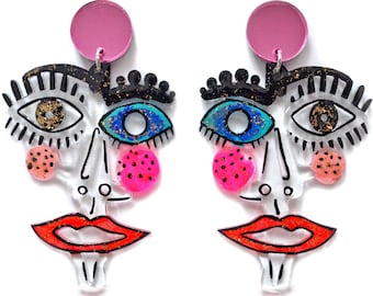 Abstract Face Earrings, Statement Earring, Resin Earrings, Laser Cut Earring, Acrylic Earring, Eyes Earring, Face Jewelry