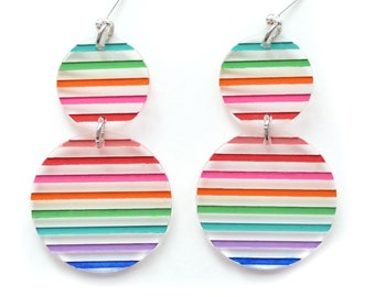 Rainbow Circle Drop Earrings, Laser Cut Rainbow Earrings, Striped Earrings, Pattern Acrylic Earrings, Colorful Earring, Bright Color Earring