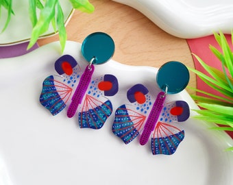 Purple and Red Butterfly Earring, Colorful Statement Earring, Abstract Watercolor Geometric Earring, Laser Cut Acrylic Earrings