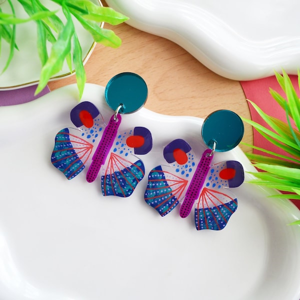 Purple and Red Butterfly Earring, Colorful Statement Earring, Abstract Watercolor Geometric Earring, Laser Cut Acrylic Earrings