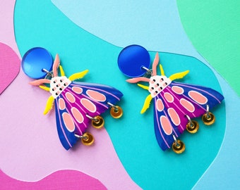 Blue Geometric Moth Earrings, Resin Butterfly Earrings, Colorful Insect Earring, Laser Cut Acrylic Earring