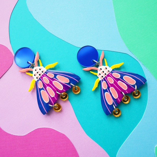 Blue Geometric Moth Earrings, Resin Butterfly Earrings, Colorful Insect Earring, Laser Cut Acrylic Earring