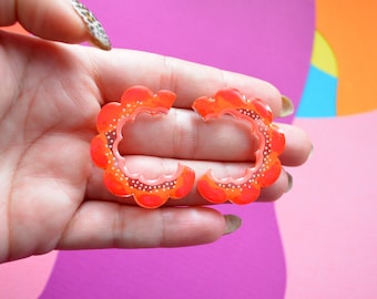 Small Orange Slice Stud Earrings, Half Hoop Earrings, Orange and Pink Wavy Earrings, Orange Earrings, Resin Jewelry