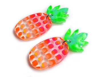 Pink and Green Pineapple Earrings, Tropical Earrings, Fruit Earrings, Laser Cut Acrylic Statement Earrings