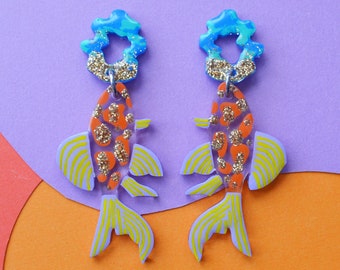 Orange Glitter Fish Earrings, Koi Earrings, Sea Creature Earrings, Marine Earrings