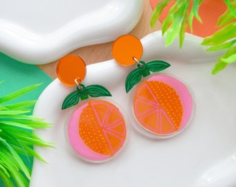 Orange Earrings, Colorful Fruit Earrings, Orange Slice Resin Earrings, Laser Cut Acrylic Earrings