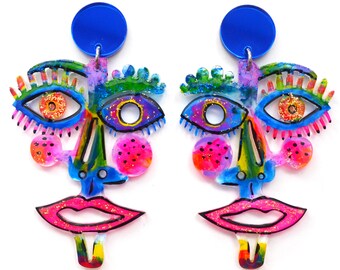 Face Earring, Statement Earring, Eye Earring, Picasso Face Jewelry, Blue Abstract Earring, Laser Cut Earring, Acrylic Earring, Resin Earring