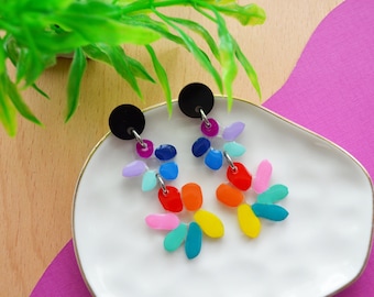Colorful Rainbow Flower Earrings, Mexican Folk Art Earrings, Floral Statement Earrings, Flower Jewelry