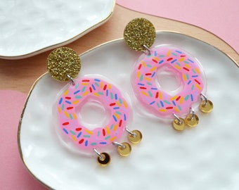 Gold Glitter and Pink Acrylic Sprinkled Donut Earrings, Food Jewelry