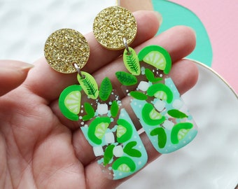 Colorful Mojito Earrings with Limes, Cocktail Earrings, Drink Earrings, Alcohol Beverage Earrings