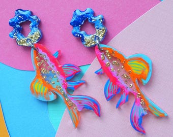 Hand-Painted Neon Glitter Fish Earrings