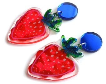 Strawberry Earrings, Abstract Fruit Earrings, Strawberry Resin Earrings, Laser Cut Acrylic Earrings