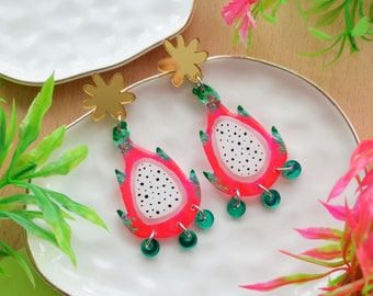 Neon Pink Resin Dragon Fruit Earrings, Laser Cut Acrylic Earrings