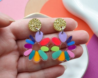 Colorful Rainbow Resin Flower Earrings, Mexican Jewelry, Folk Art Earrings, Floral Statement Earrings, Flower Jewelry