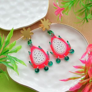 Pendientes de fruta del dragón de resina rosa neón, pendientes de acrílico cortados con láser