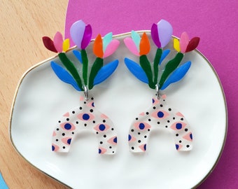 Colorful Flower Earring, Tulip Earrings, Floral Vase Earrings, Botanical Earrings, Potted Plant Earrings