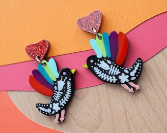 Colorful Folk Art Flower Bird Earrings, Laser Cut Acrylic Earrings