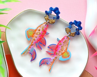 Colorful Neon Glitter Fish Earrings, Koi Earrings, Sea Creature Earrings, Marine Earrings, Sea Life Earrings