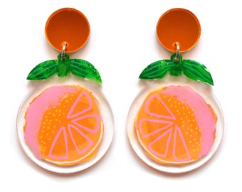 Orange Earrings, Colorful Fruit Earrings, Orange Slice Resin Earrings, Laser Cut Acrylic Earrings