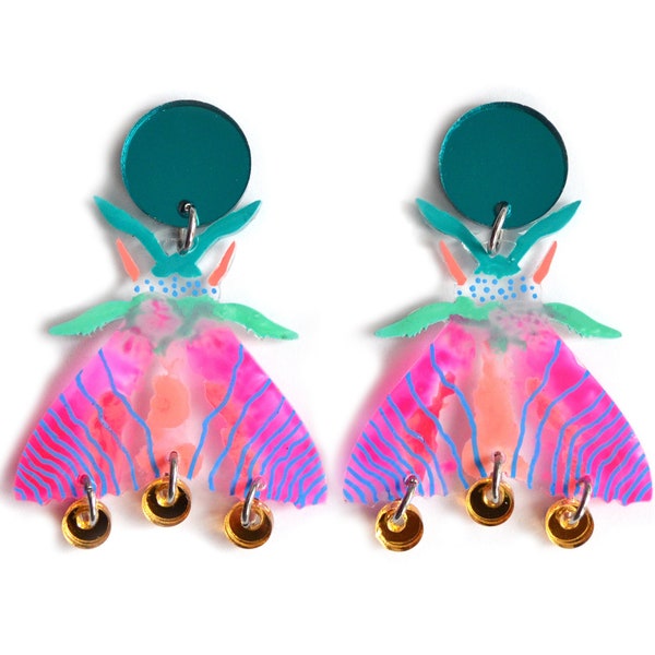 Neon Pink Geometric Moth Earrings, Resin Butterfly Earrings, Colorful Insect Earring, Laser Cut Acrylic Earring