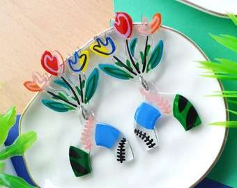 Colorful Abstract Flower Earrings, Tulip Earrings, Floral Vase Earrings, Botanical Earrings, Potted Plant Earrings