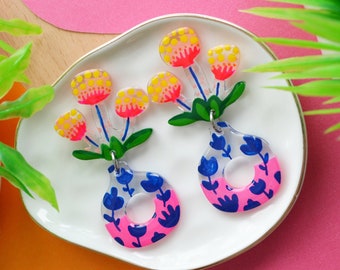 Neon Pink Flower Earrings, Floral Vase Earrings, Botanical Earrings, Potted Plant Earrings