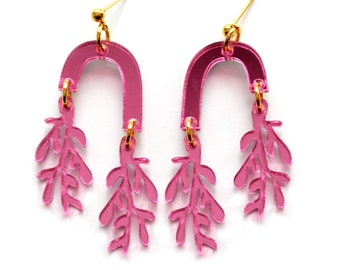 Pink Leaf Earrings, Flower Earrings, Matisse Earrings, Laser Cut Statement Earrings, Plant Earrings, Arch Dangle Earrings