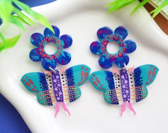 Blue Butterfly Earring, Flower Earring, Statement Earring, Abstract Watercolor Earring, Laser Cut Earring, Acrylic Earring, Painted Earring