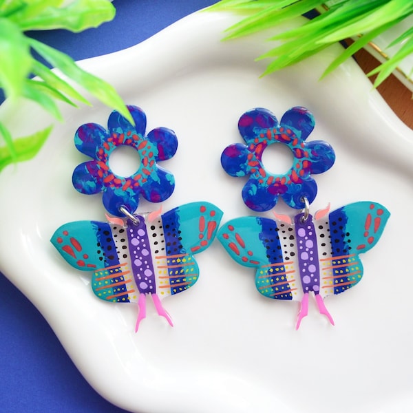 Blue Butterfly Earring, Flower Earring, Statement Earring, Abstract Watercolor Earring, Laser Cut Earring, Acrylic Earring, Painted Earring