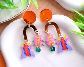 Geometric Insect Earrings, Resin Moth Butterfly Earrings, Colorful Bug Earrings, Laser Cut Acrylic Earring