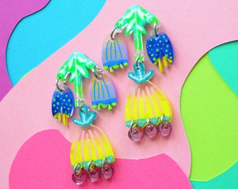 Neon Floral Tulip Flower Earrings. Botanical Dangle Earrings, Hand Painted Acrylic Resin Jewelry