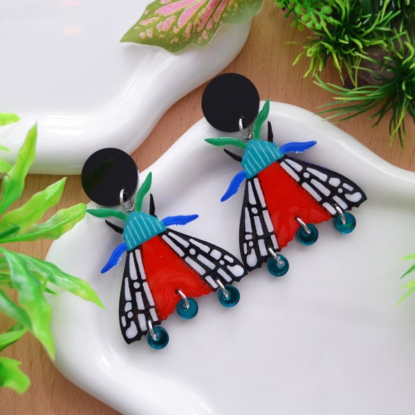 Geometric Moth Earrings, Resin Butterfly Earrings, Colorful Insect Earring, Laser Cut Acrylic Earring