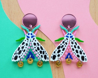 Black and White Dotted Pattern Moth Earrings, Resin Butterfly Earrings