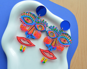 Face Earring, Statement Earring, Eye Earring, Picasso Face Jewelry, Blue Abstract Earring, Laser Cut Earring, Acrylic Earring, Resin Earring