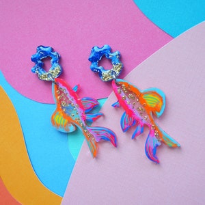 Colorful Neon Glitter Fish Earrings, Koi Earrings, Sea Creature Earrings, Marine Earrings, Sea Life Earrings image 2