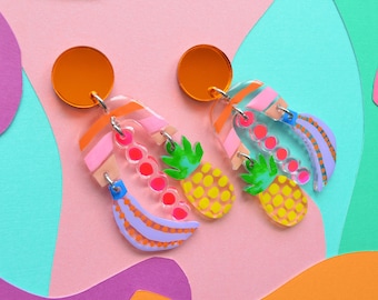 Banana Earrings, Abstract Fruit Earrings, Pineapple Earrings, Neon Laser Cut Acrylic Statement Earrings