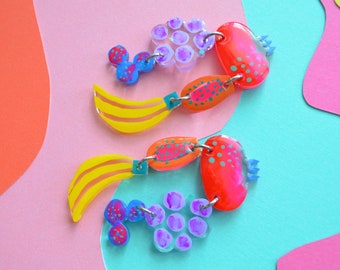 Fruit Earrings, Papaya Earrings, Banana Earrings, Grape Earrings, Fruit Salad Earrings, Laser Cut Acrylic Statement Earrings