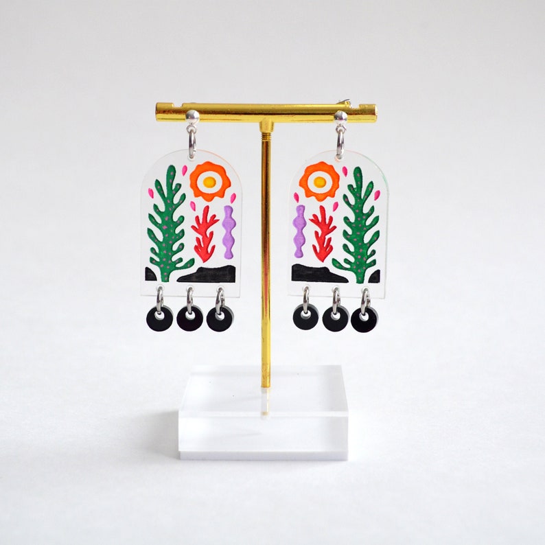 Desert Earrings, Sun Earrings, Laser Cut Earrings, Cactus Earrings, Plant Earrings, Abstract Landscape Earrings, Colorful Shapes Earrings image 1