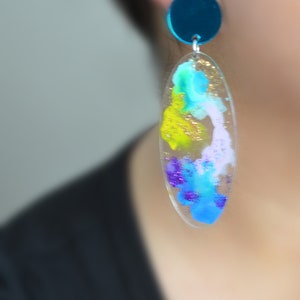 Blue Resin Earring, Pastel Earring, Statement Earring, Abstract Watercolor Earring, Laser Cut Earring, Acrylic Earring, Painted Earring image 3