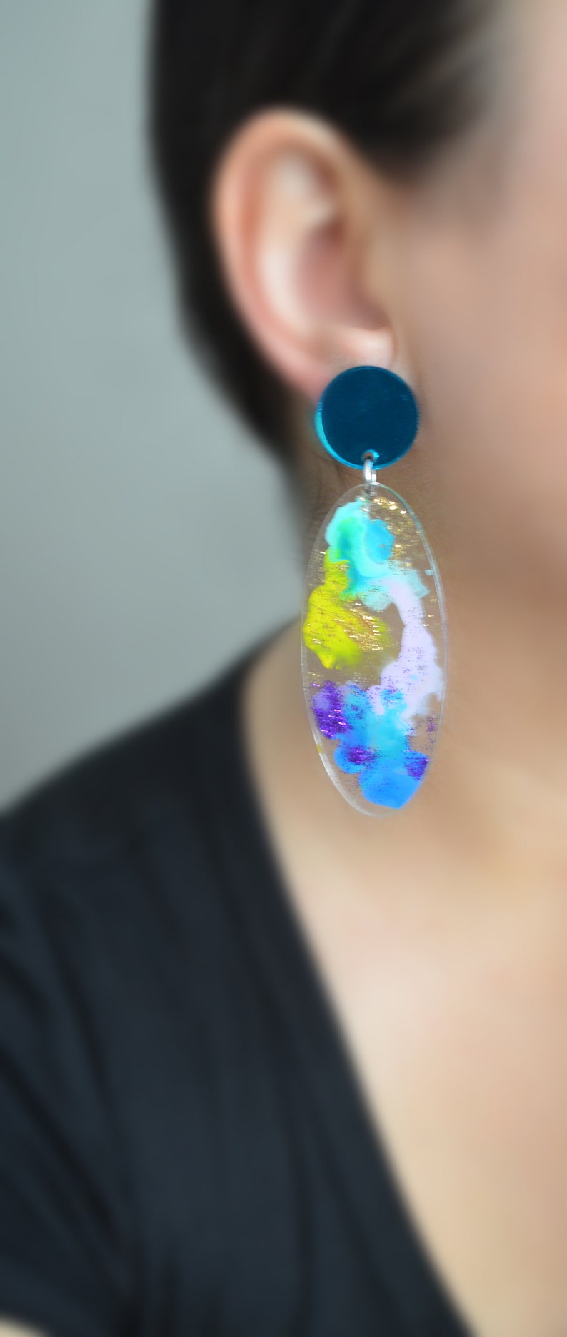 Blue Resin Earring, Pastel Earring, Statement Earring, Abstract Watercolor Earring, Laser Cut Earring, Acrylic Earring, Painted Earring image 3