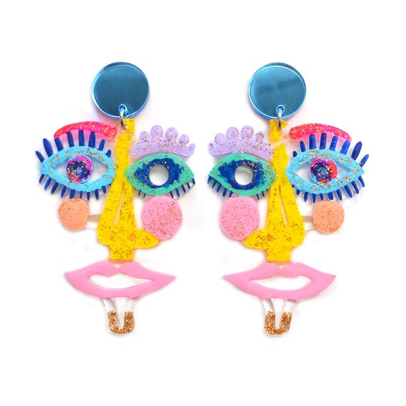 Face Earring, Statement Earring, Abstract Earring, Laser Cut Earring, Acrylic Earring, Glitter Resin Earring, Eye Earrings, Face Jewelry