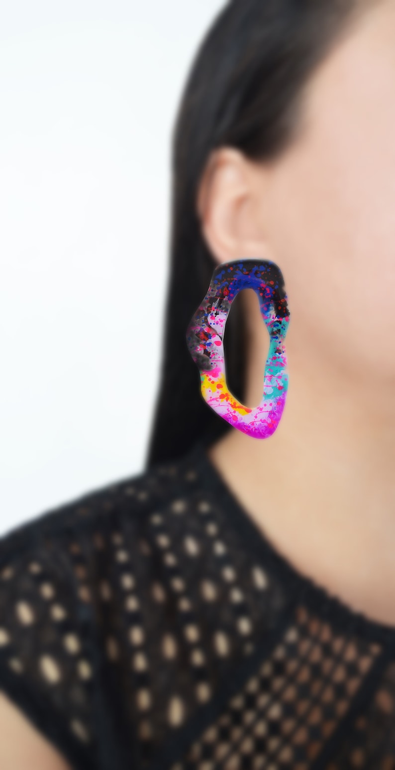 Large Hoop Earring, Acrylic Hoop Earring, Large Statement Earring, Hoop Studs, Colorful Resin Earring, Geometric Hoop Earring, Resin Jewelry image 4