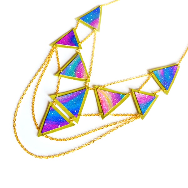 Geometric Statement Necklace Cosmic Arrow Triangle Galaxy Chevron, Chainmaille Necklace, Leather Jewelry