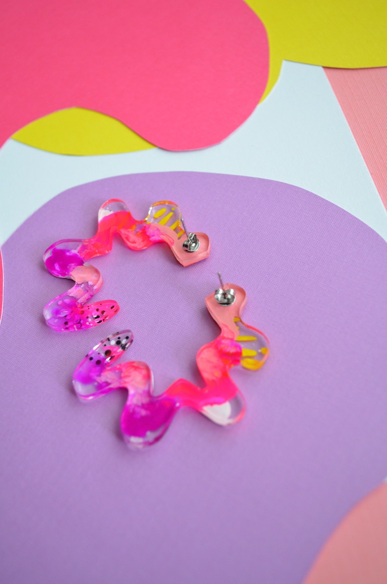 Squiggle Stud Earrings, Abstract Art Earrings, Orange and Pink Wavy Earrings, Resin Doodle Earrings, Funky Resin Jewelry image 9