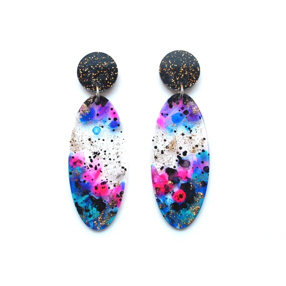 Galaxy Earring, Oval Resin Earring, Abstract Earring, Outer Space Earring, Watercolor Earring, Acrylic Earring, Resin Earring, Resin Jewelry