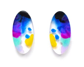 Resin Earrings Oval Stud Earrings Laser Cut Earrings Acrylic Earring Painted Resin Stud Earring Abstract Art Earring Acrylic Stud