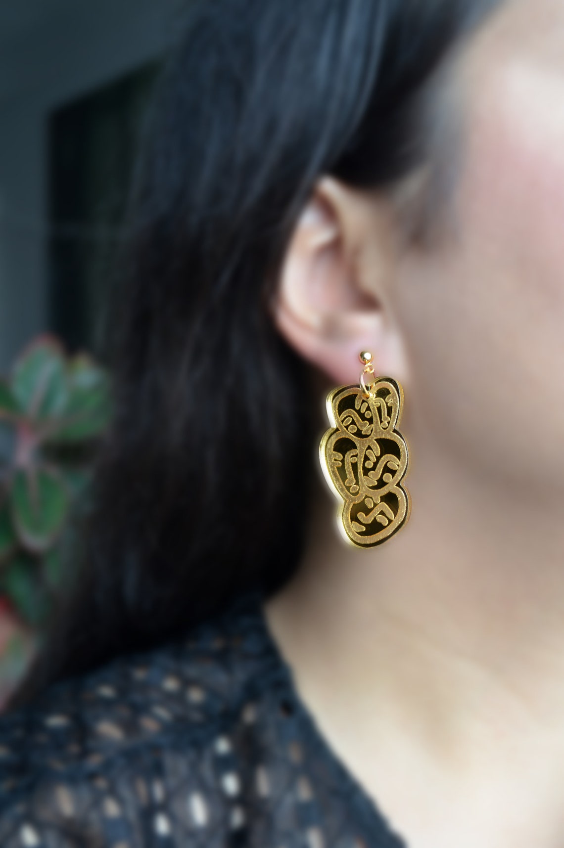 Gold Face Earrings Gold Acrylic Earrings Face Statement Etsy